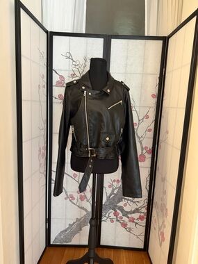 Stoosh Black Faux Leather Moto Jacket with Belted Waist